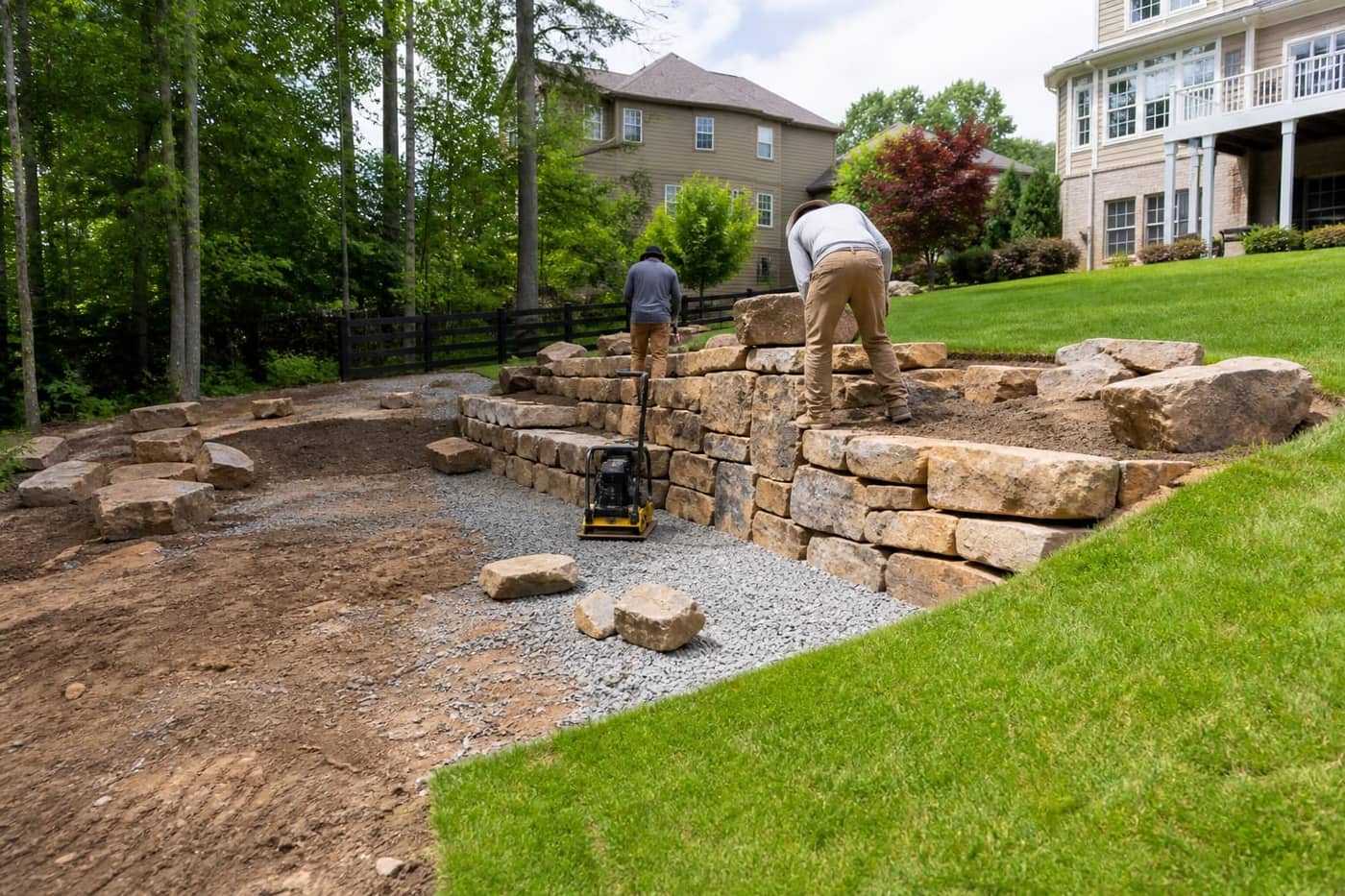 Crew building a concrete retaining wall on site