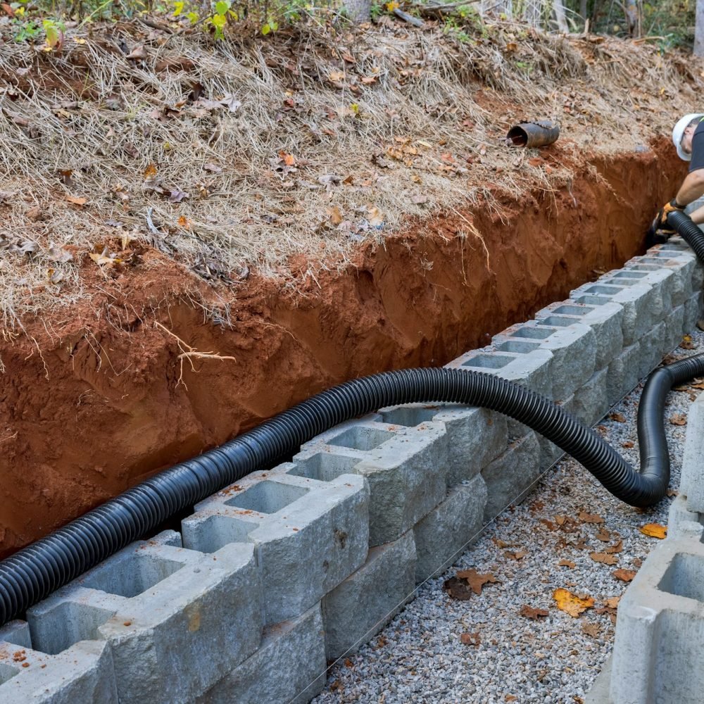 Contractor worker of laying a drainage pipe for rainwater in retaining wall.